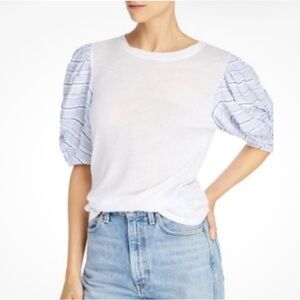 Rebecca Taylor | Short Puff Sleeve Tee Shirt Top Preppy Summer White Blue XS